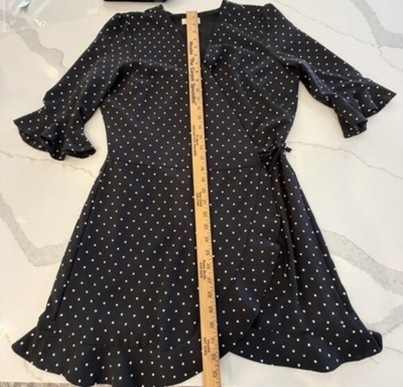 LOFT Black/White Polka Dot Wait Tie Faux Wrap 3/4 Sleeve Mini Skater Dress, Sz 8 - Picture 13 of 16